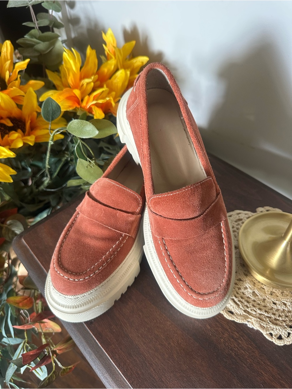 Rust Suede Platform Penny Loafers - Women